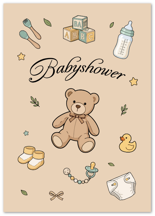 Kort "Babyshower" beige dobbelt m/konvolutt