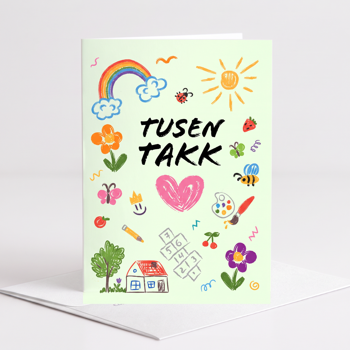 Kort "TUSEN TAKK" barnetegning dobbelt m/konvolutt