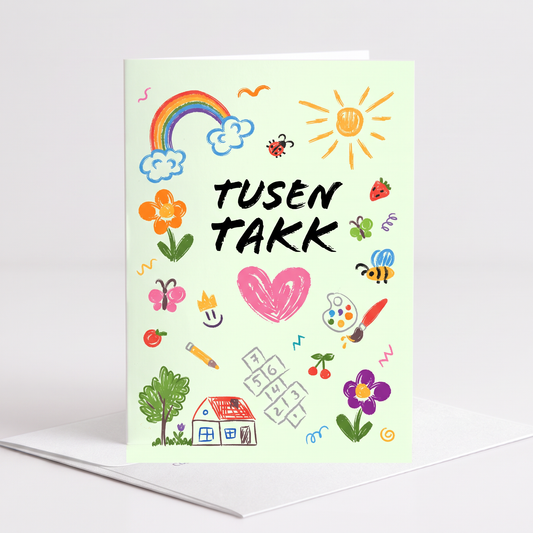 Kort "TUSEN TAKK" barnetegning dobbelt m/konvolutt