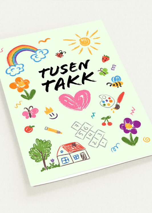 Kort "TUSEN TAKK" barnetegning dobbelt m/konvolutt