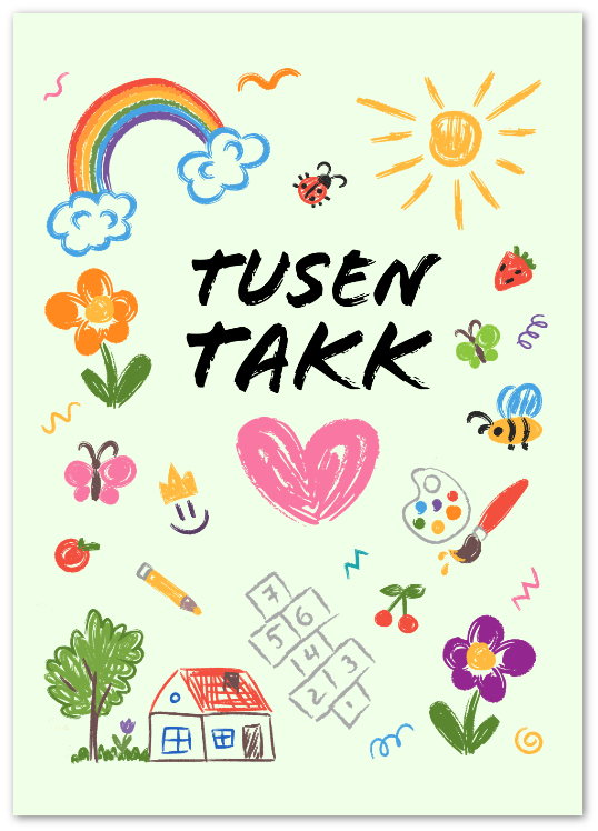Kort "TUSEN TAKK" barnetegning dobbelt m/konvolutt